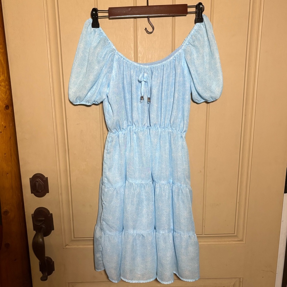 SHEIN Puff Sleeve Ruffle Hem Belted Dress